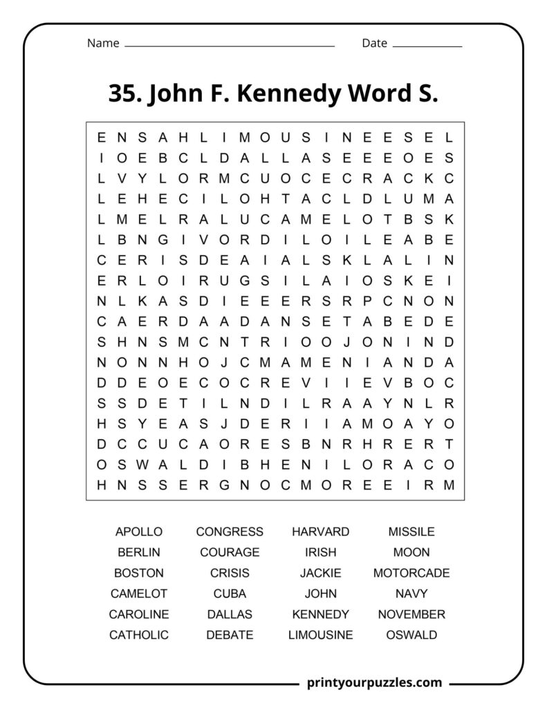 Medium difficulty John F. Kennedy word search puzzle with terms like Boston, Navy, Jackie, and Kennedy.