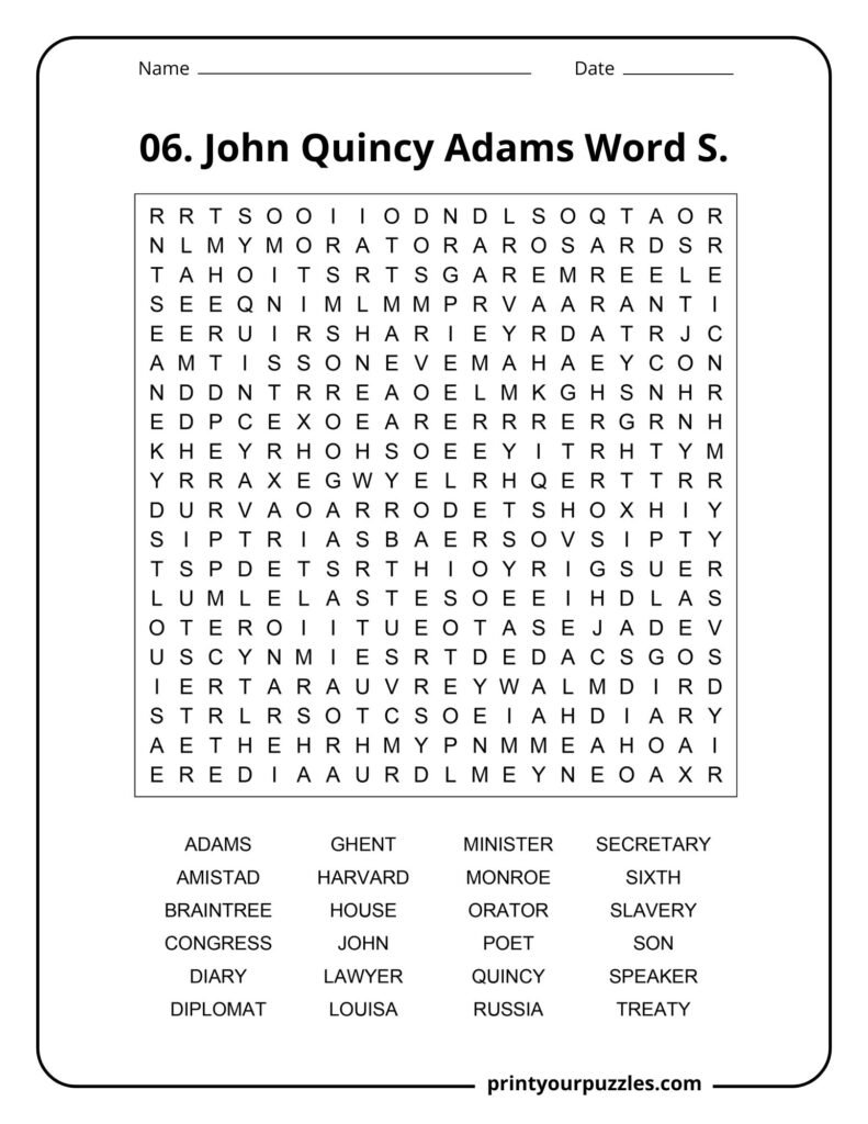 John Quincy Adams word search puzzle with terms like Amistad, Harvard, Russia, treaty, and Congress.