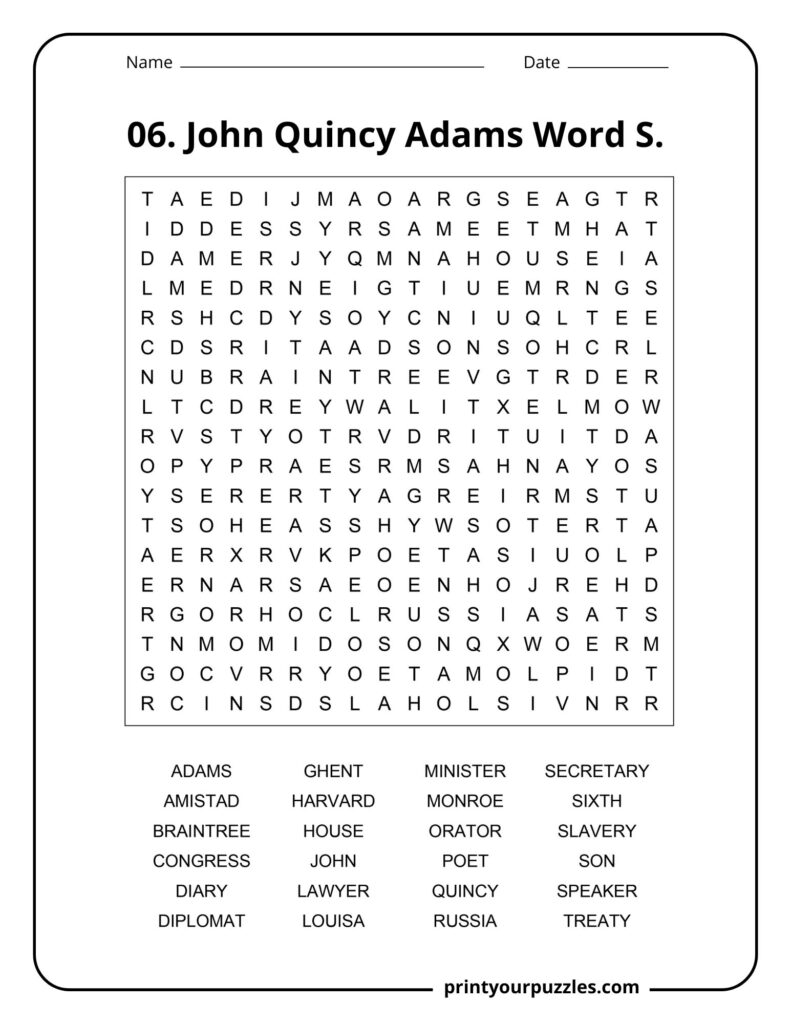 Medium difficulty John Quincy Adams word search with words like Amistad, Harvard, Quincy, Russia, and Congress.