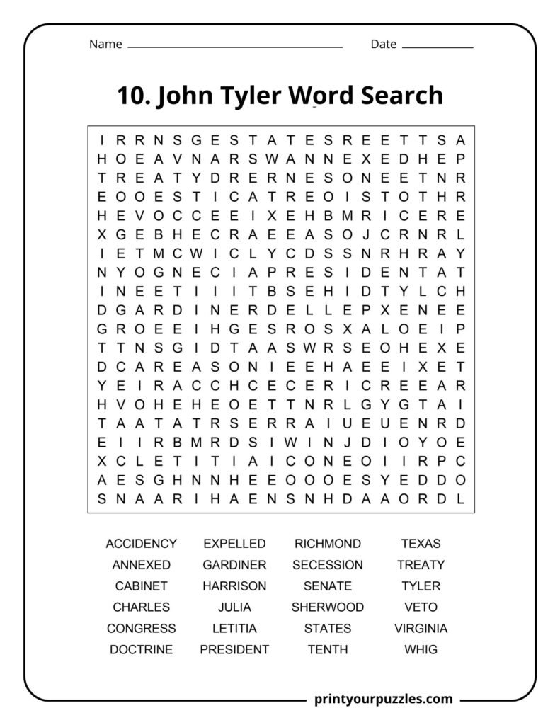 John Tyler Word Search puzzle with historical terms like Texas, annexed, veto, Richmond, and Virginia.