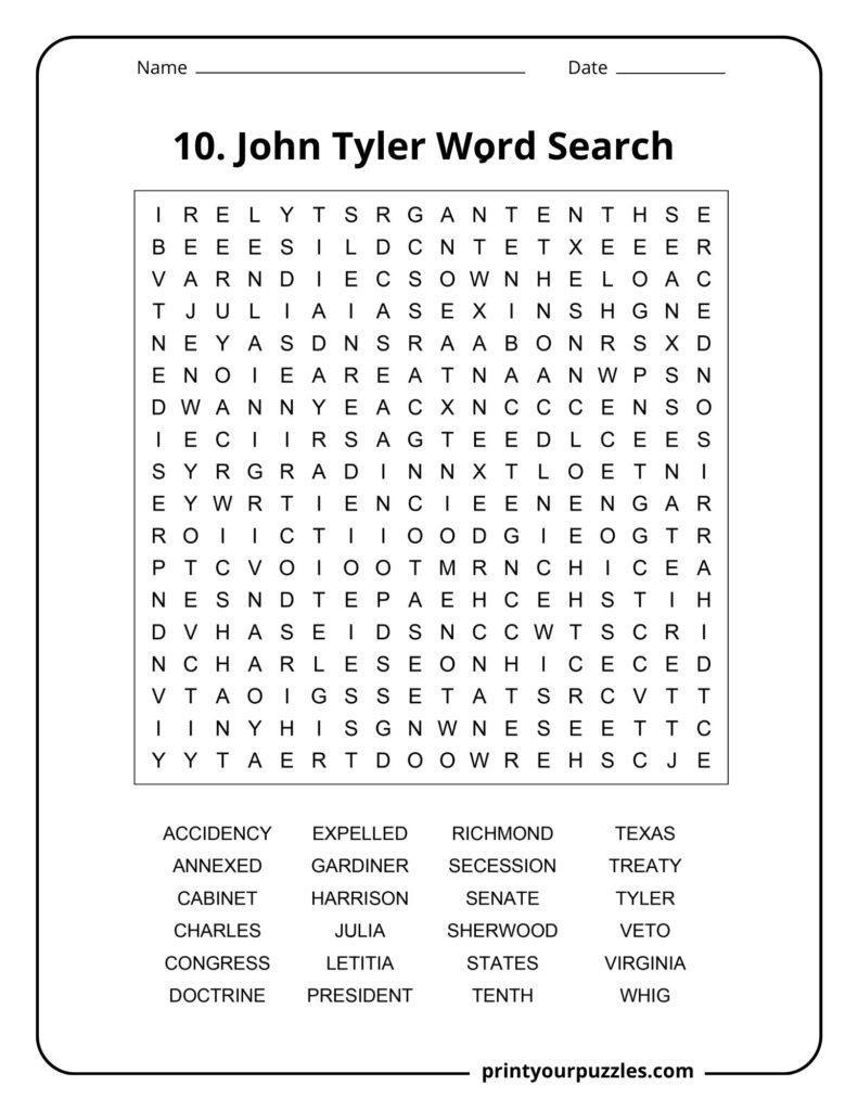 Medium John Tyler Word Search puzzle featuring historical terms like Texas, annexed, Virginia, and Senate.