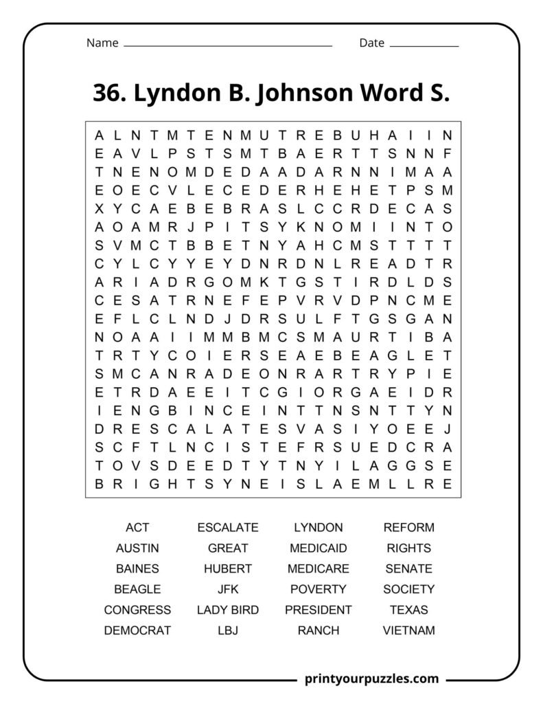 Hard word search puzzle featuring Lyndon B. Johnson terms like Medicare, Vietnam, Great Society, and Congress.