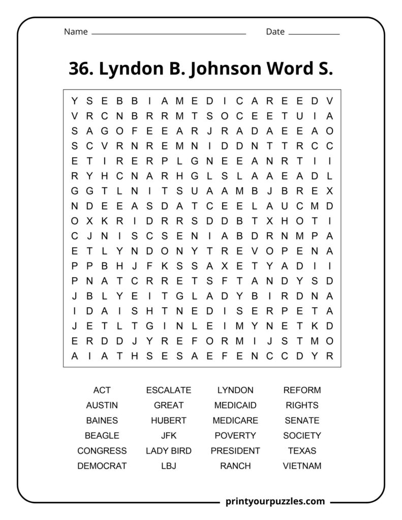 Medium difficulty Lyndon B. Johnson word search puzzle with terms like Texas, LBJ, Medicare, and President.