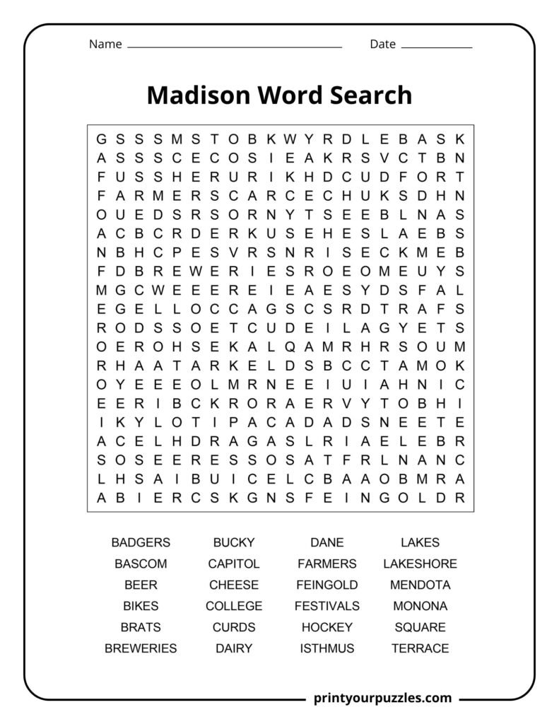 Madison Word Search puzzle featuring Wisconsin-themed words like Badgers, cheese, lakes, breweries, and farmers.