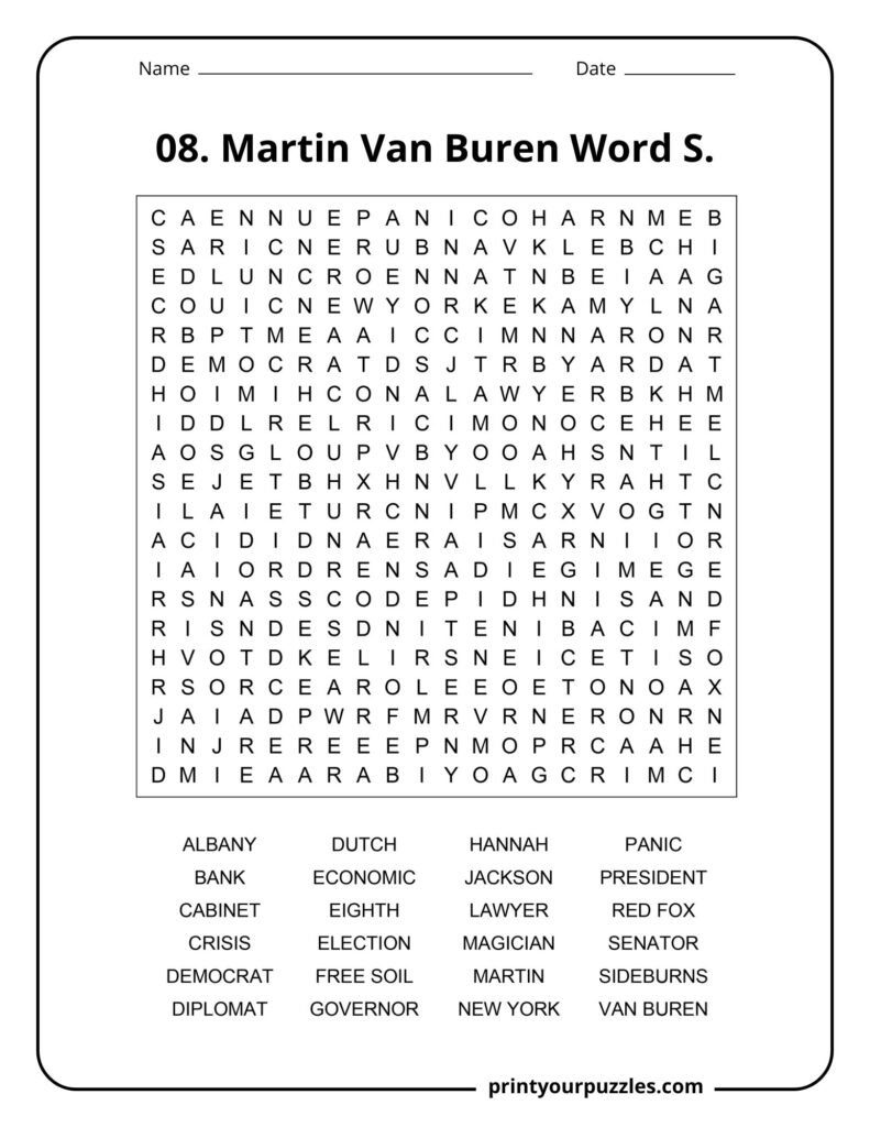 Martin Van Buren Word Search puzzle with historical terms like Albany, panic, Democrat, cabinet, and New York.