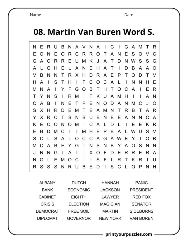 Medium Martin Van Buren Word Search puzzle with historical terms like Albany, Democrat, New York, and cabinet.