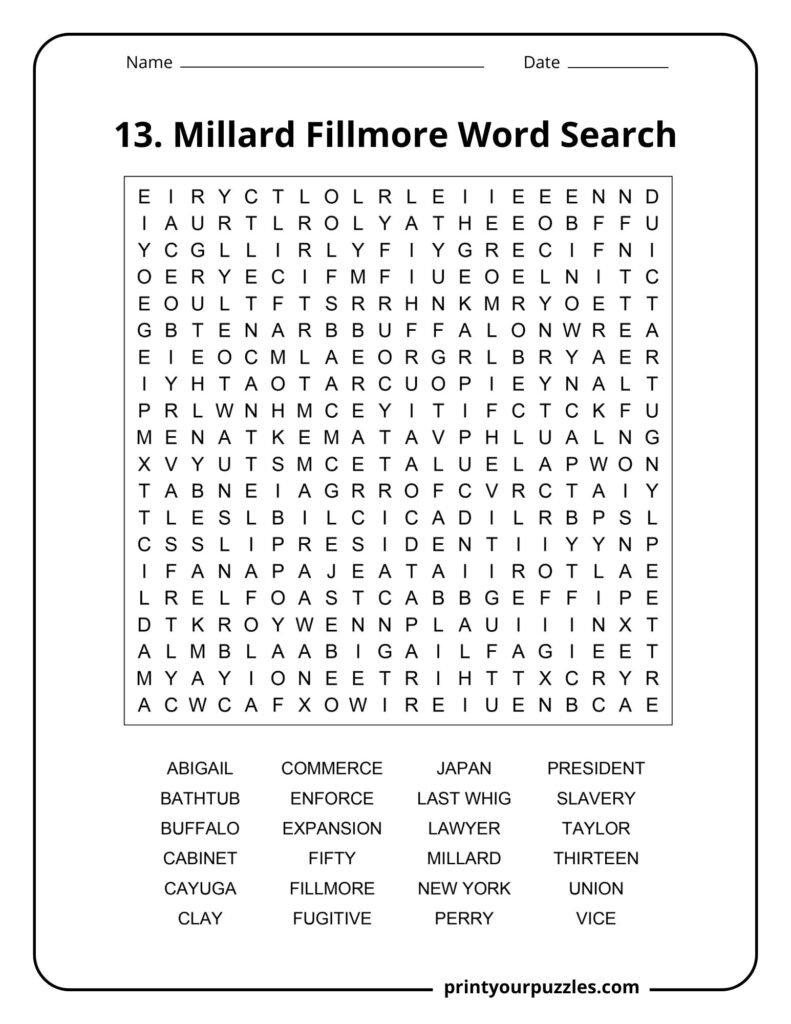 Hard Millard Fillmore word search puzzle featuring historical terms related to the 13th U.S. president.