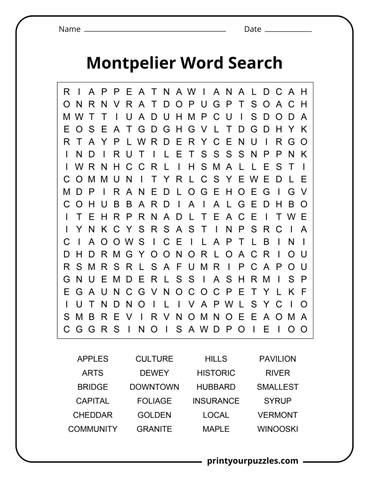 Montpelier Word Search | Print Your Puzzles