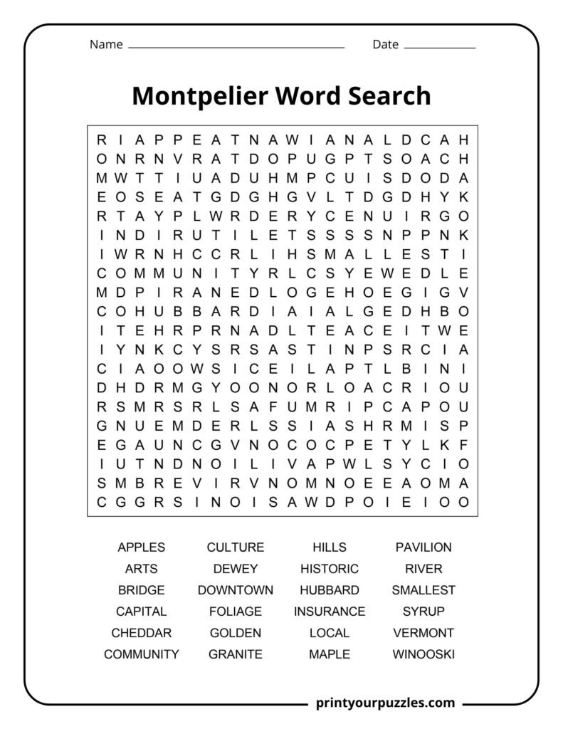 Montpelier word search puzzle featuring Vermont-themed terms like maple, cheddar, granite, foliage, and local landmarks.