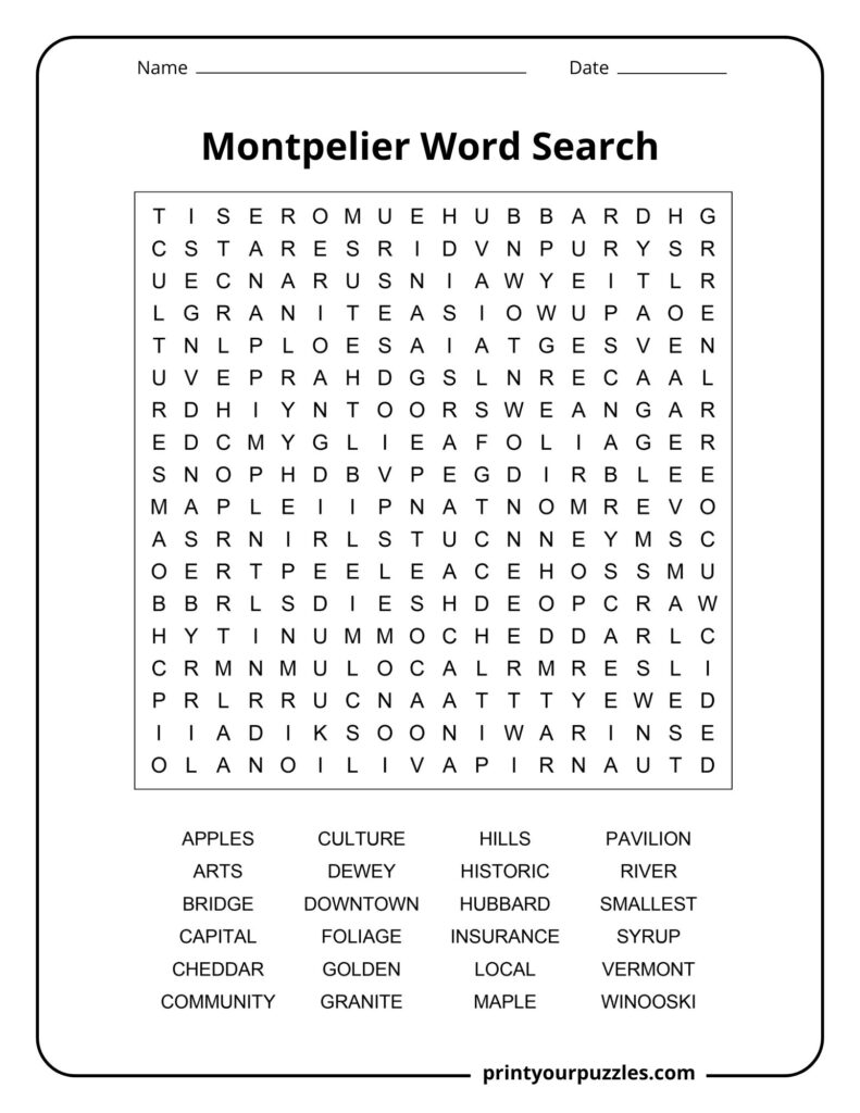 Medium-difficulty Montpelier word search featuring Vermont terms such as maple, cheddar, granite, foliage, and local landmarks.