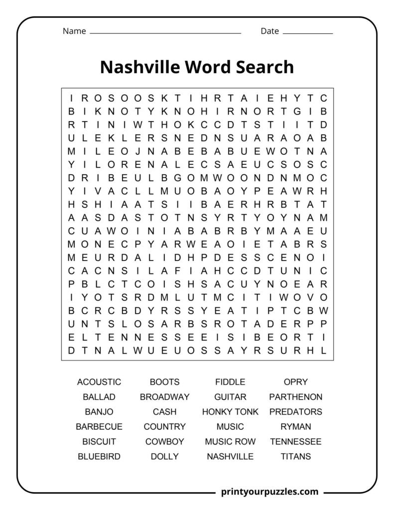 Hard Nashville word search puzzle featuring music terms, landmarks, and cultural icons in a dense letter grid.