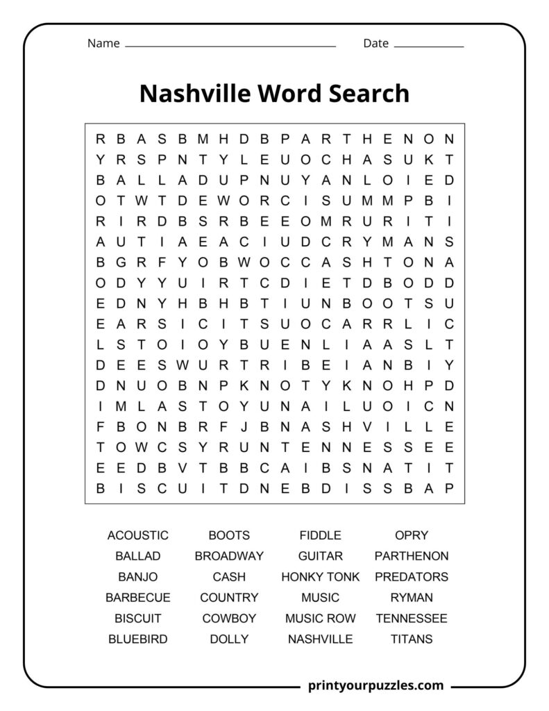 Medium Nashville word search puzzle featuring music-themed vocabulary, city landmarks, and cultural references.