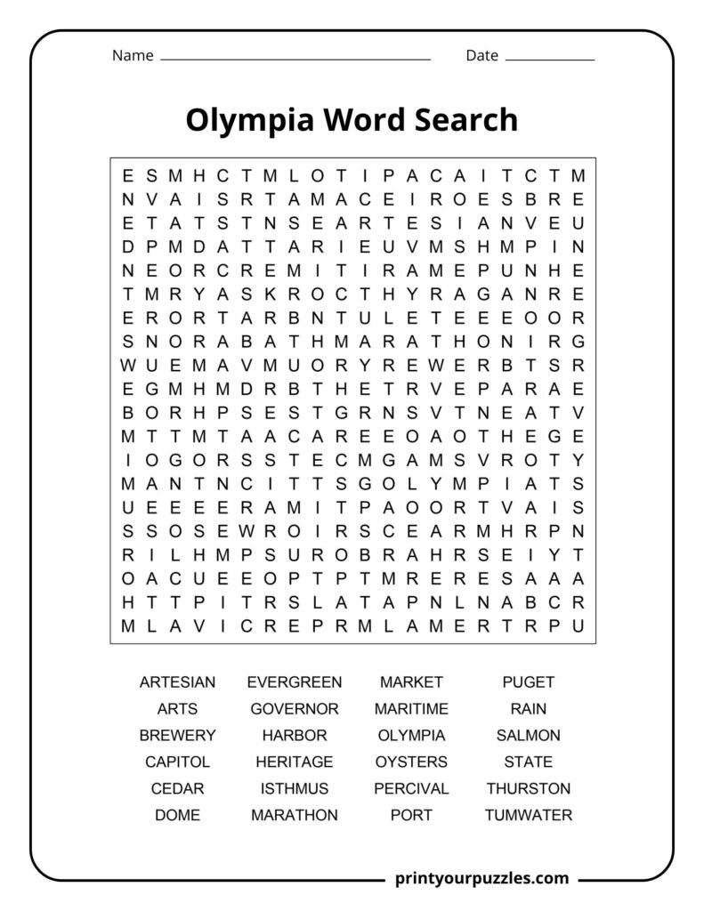 Olympia word search puzzle featuring terms like Puget, maritime, oysters, governor, evergreen, and Tumwater.