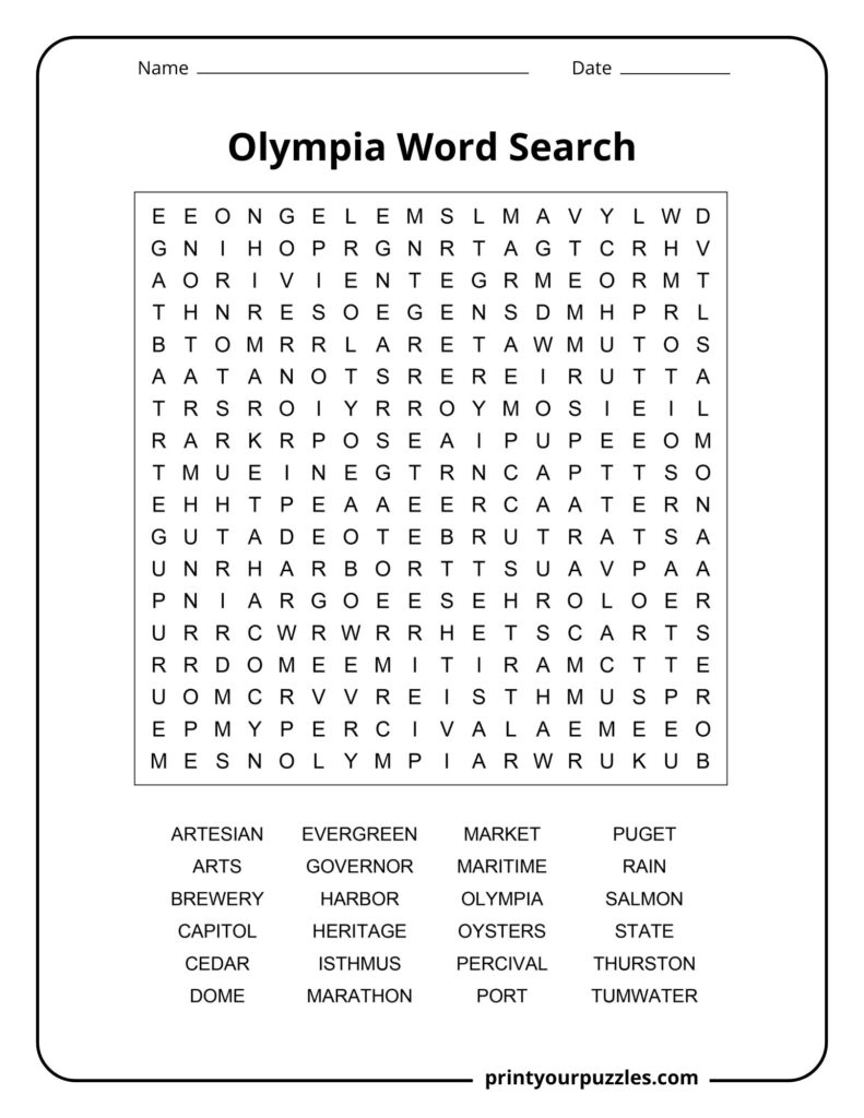 Medium Olympia word search featuring Pacific Northwest vocabulary including Puget, harbor, oysters, evergreen, and maritime.