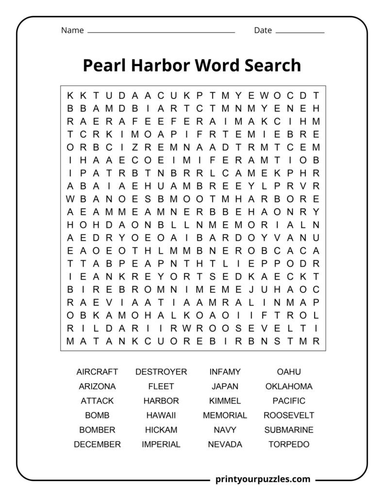 Hard Pearl Harbor word search printable with 24 World War II vocabulary terms for students and history lessons.