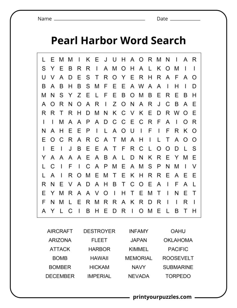 Medium Pearl Harbor word search worksheet with 24 WWII history terms for classroom and homeschool learning.