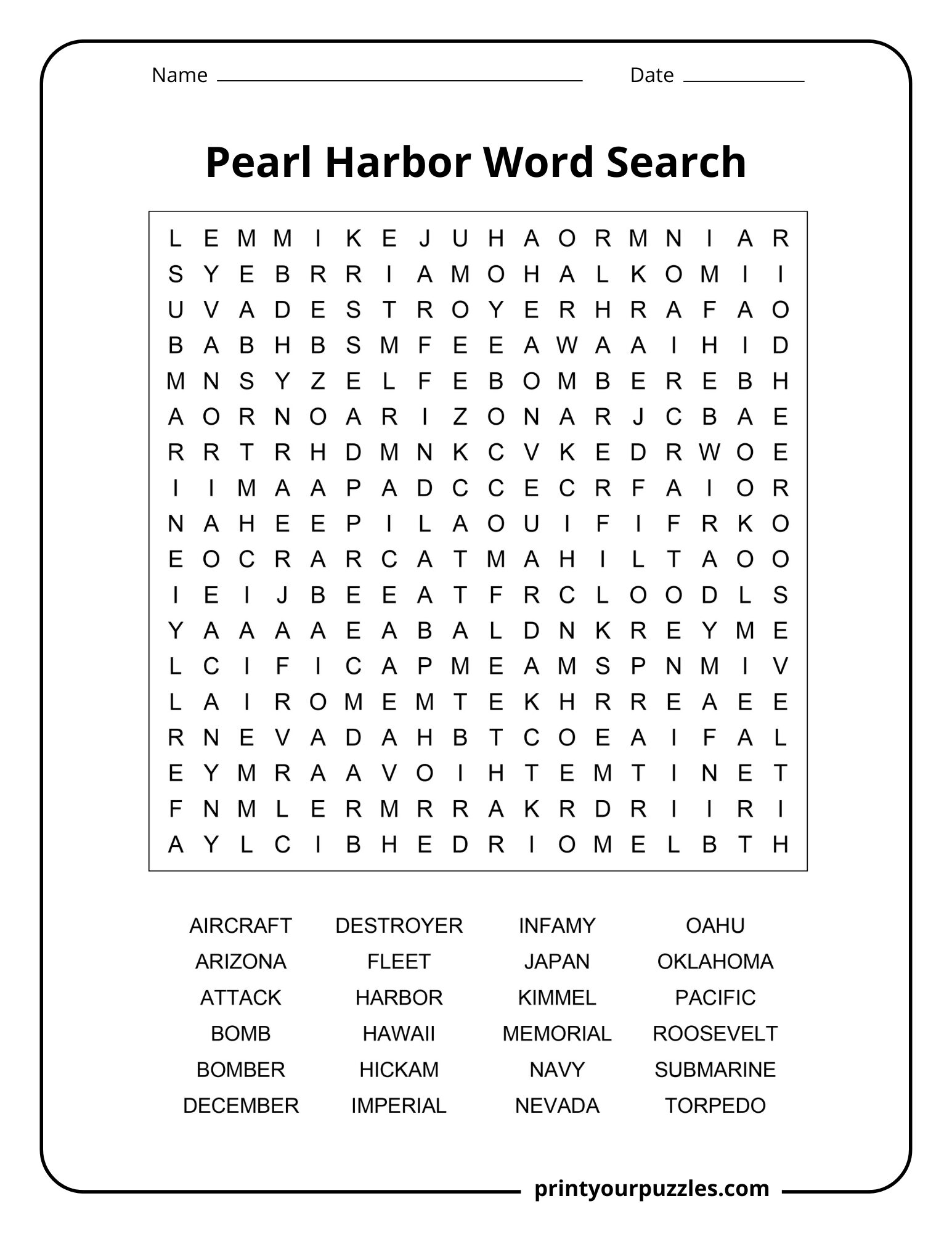 Medium Pearl Harbor word search worksheet with 24 WWII history terms for classroom and homeschool learning.