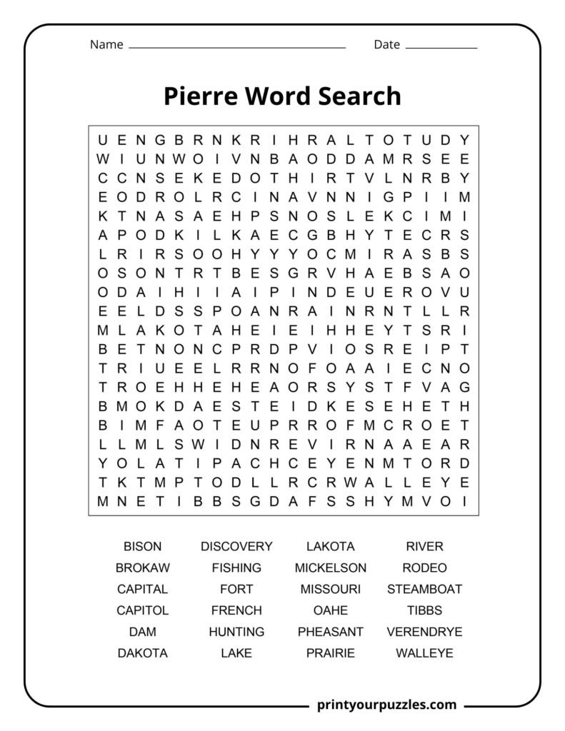 Hard Pierre word search puzzle featuring South Dakota–themed terms about history, geography, wildlife, and culture.