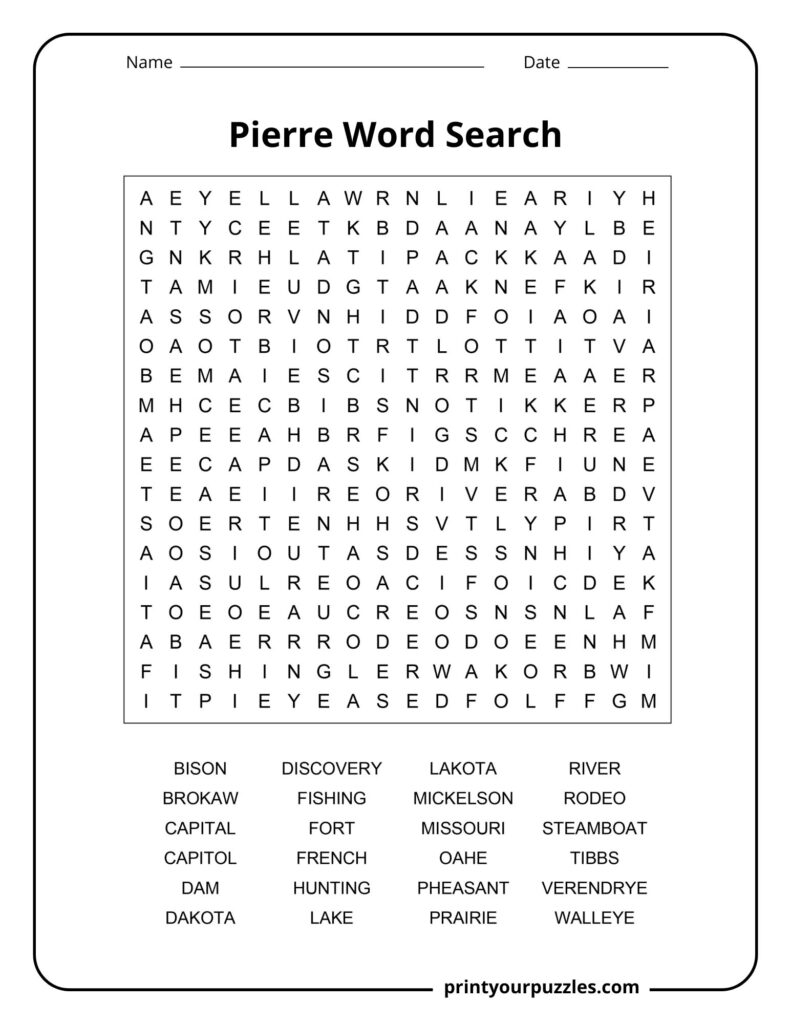 Medium Pierre word search puzzle featuring vocabulary related to South Dakota landmarks, nature, history, and culture.