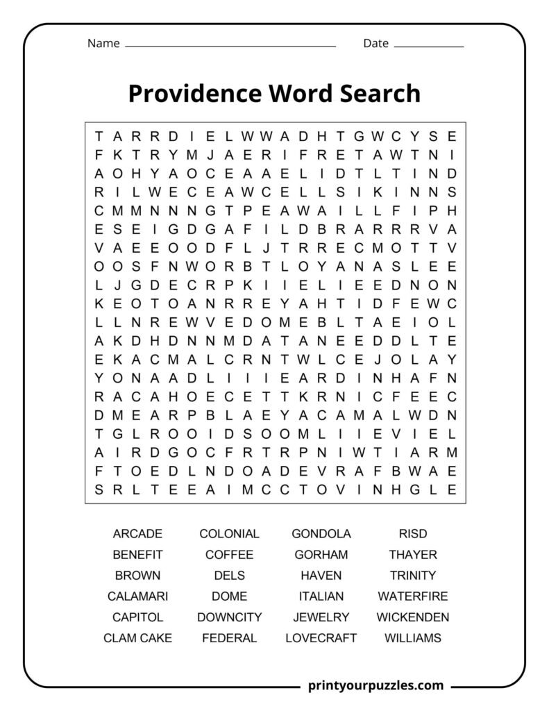 Hard Providence word search puzzle with a dense grid and 24 city-themed words to find.