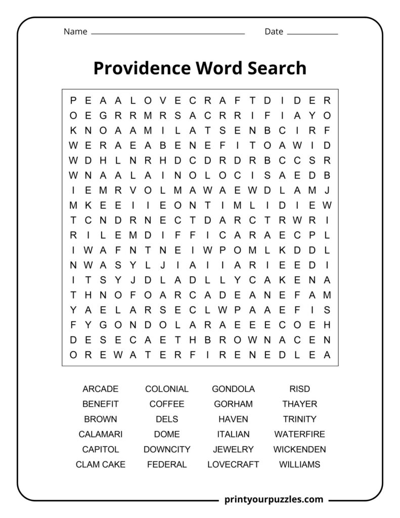 Medium Providence word search puzzle featuring a clear grid and 24 local themed words.