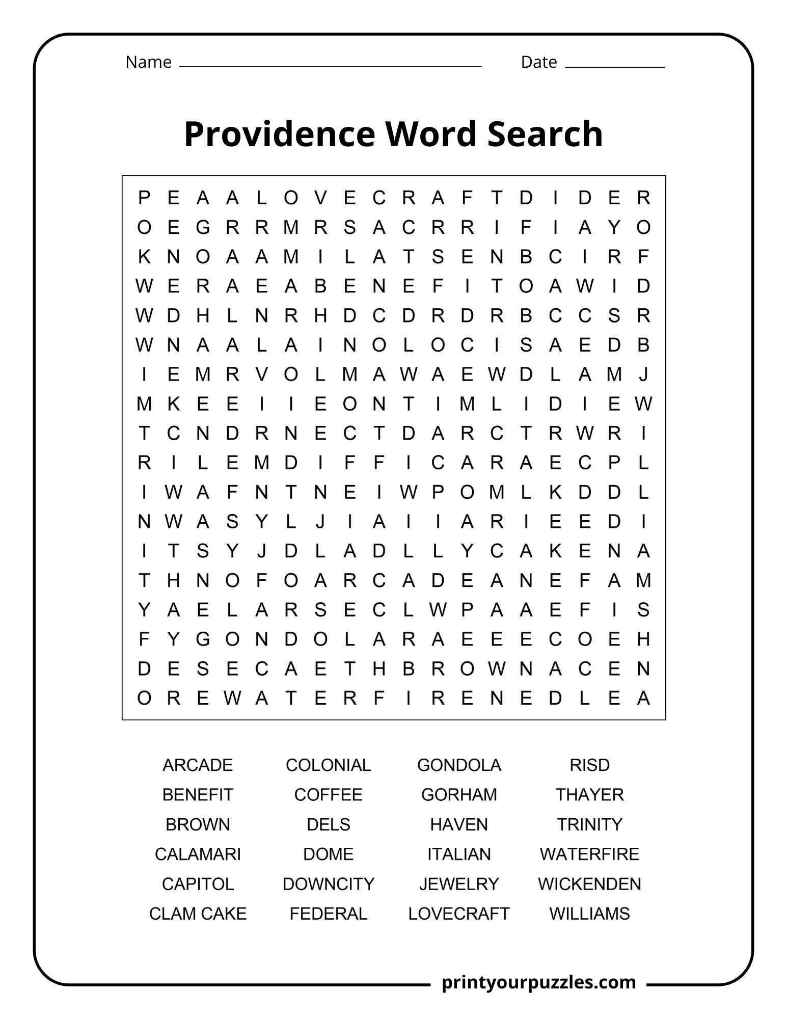 Medium Providence word search puzzle featuring a clear grid and 24 local themed words.
