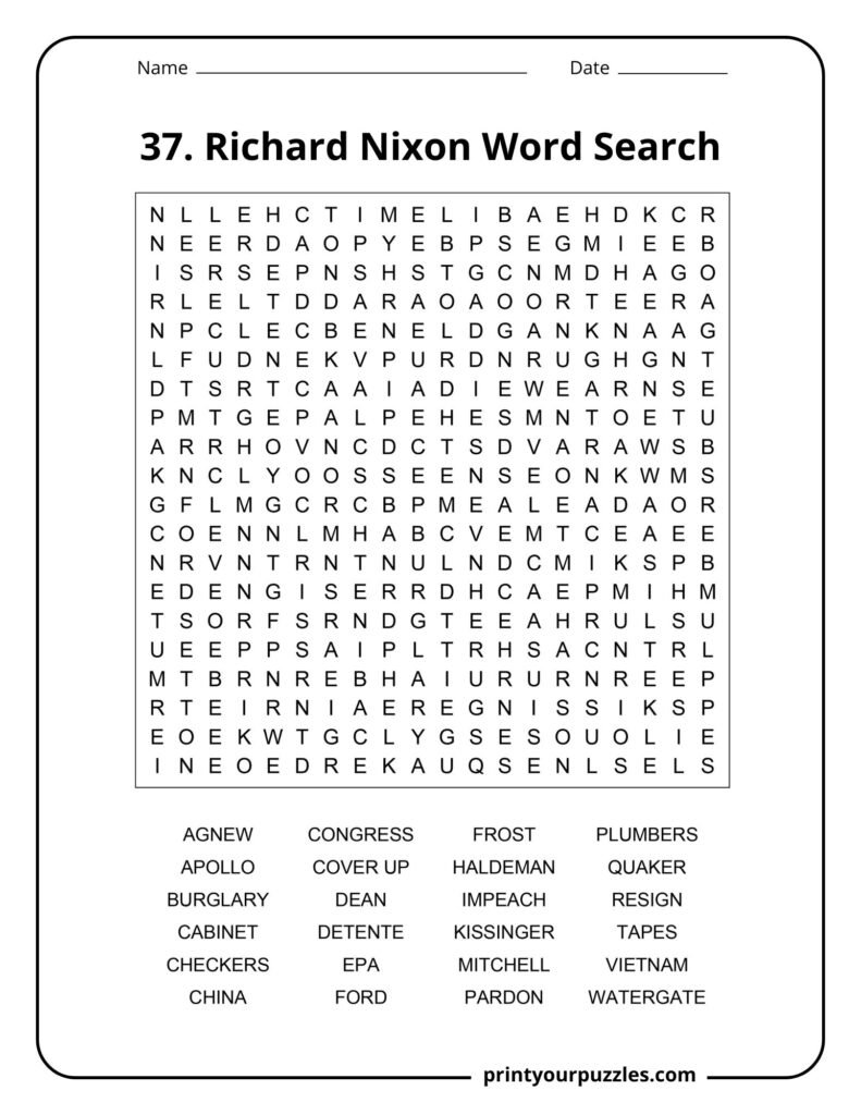 Hard Richard Nixon word search puzzle with dense letter grid and 24 historical terms to find.
