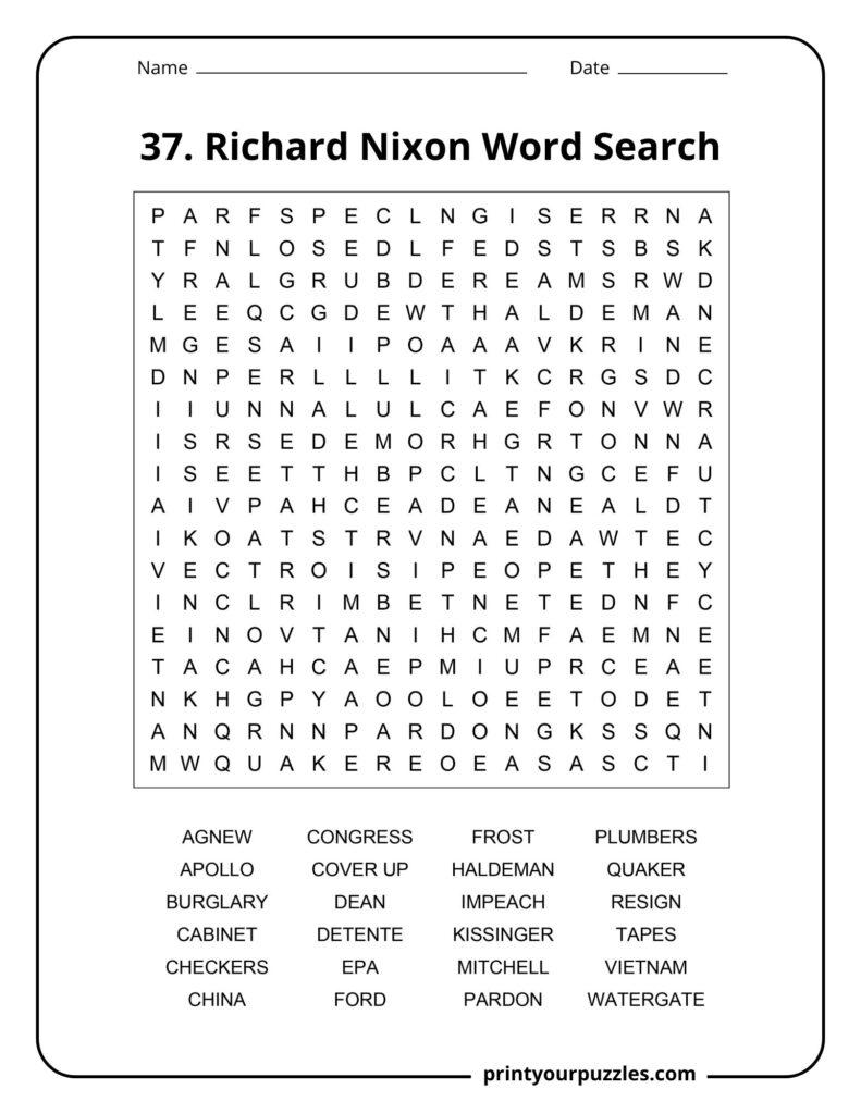 Medium Richard Nixon word search puzzle with clear grid and 24 political terms to locate.