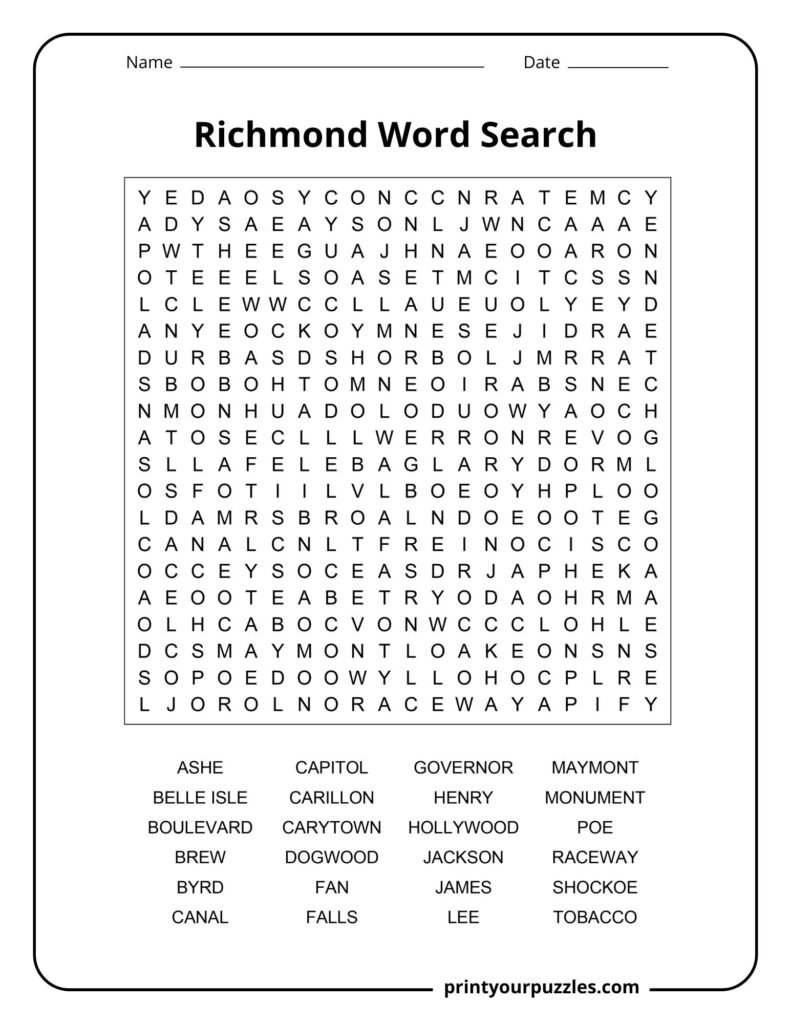 Richmond Word Search puzzle featuring a large letter grid with 32 hidden city-related terms such as Carytown and Shockoe.