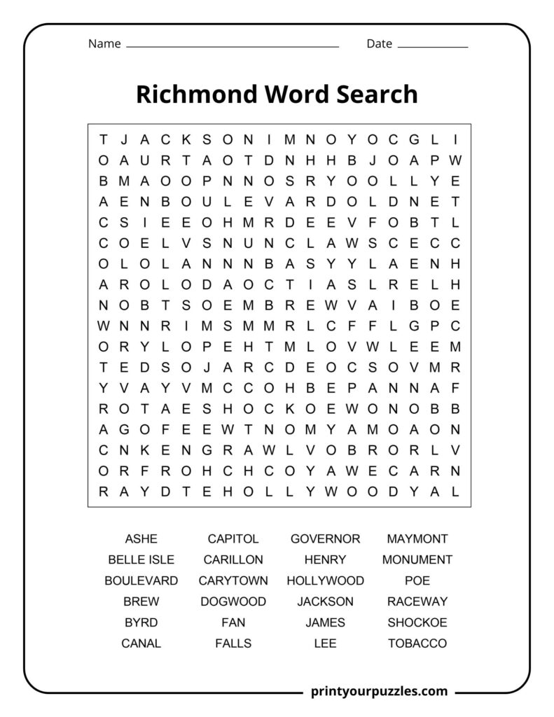 Medium-difficulty Richmond Word Search puzzle with a clear grid and 32 hidden words about the city’s history and places.