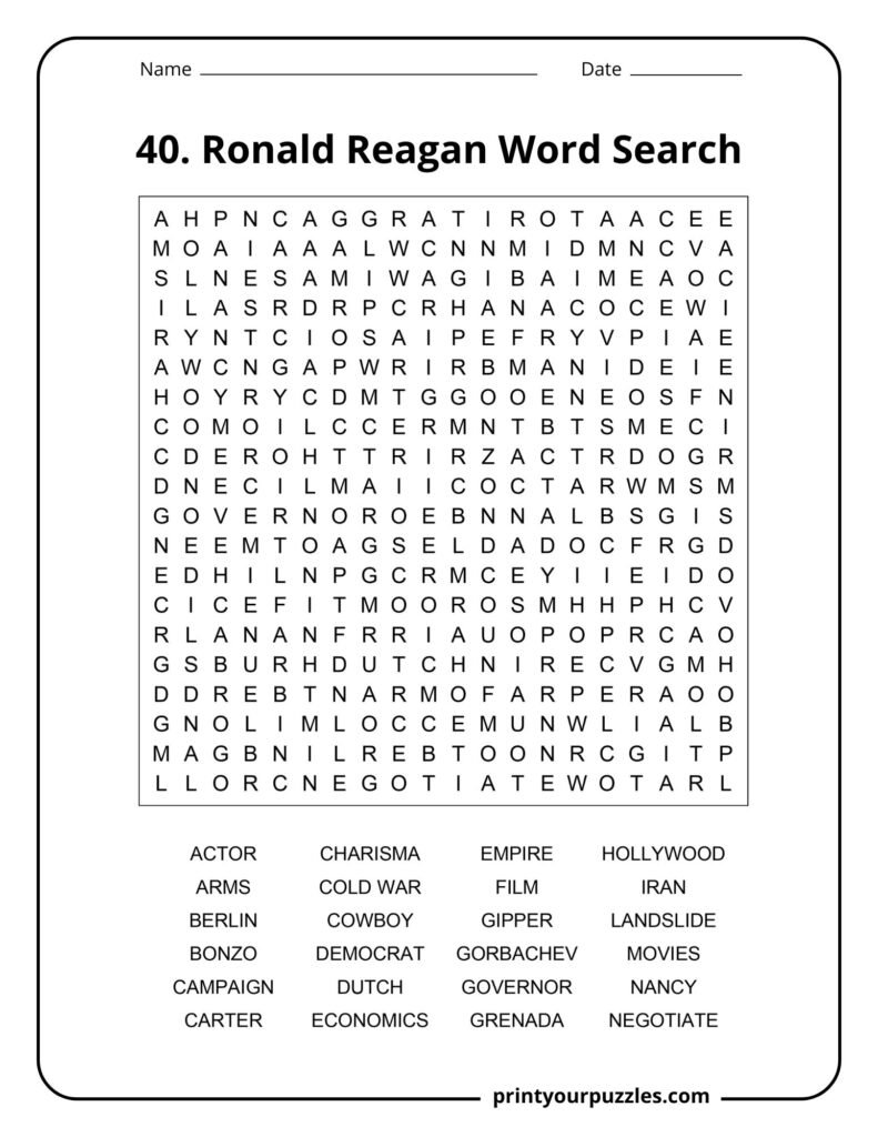 Hard Ronald Reagan word search puzzle with dense grid and 24 historical and political terms.