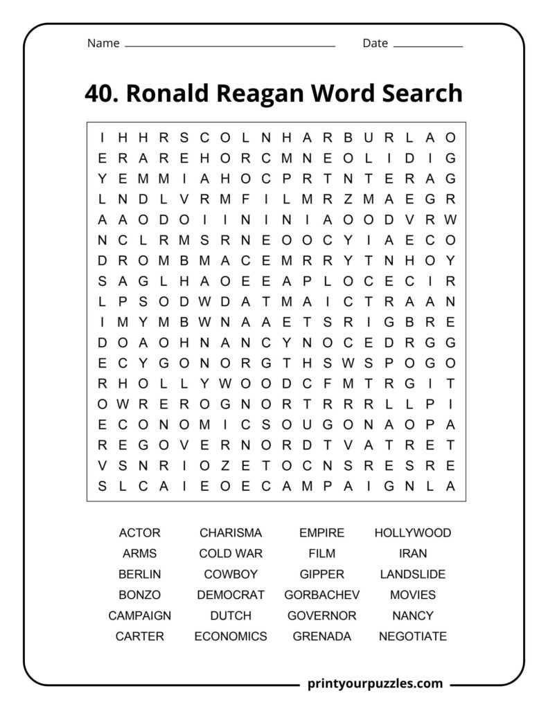 Medium Ronald Reagan word search puzzle with clear grid and 24 political and cultural terms.