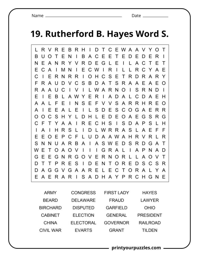 Hard Rutherford B. Hayes word search puzzle with a 20x20 grid and Reconstruction-era history vocabulary.