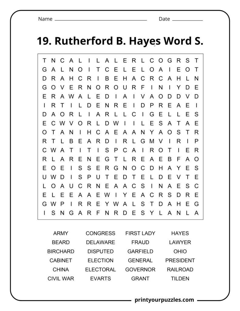 Medium difficulty Rutherford B. Hayes word search puzzle with U.S. history and election vocabulary.