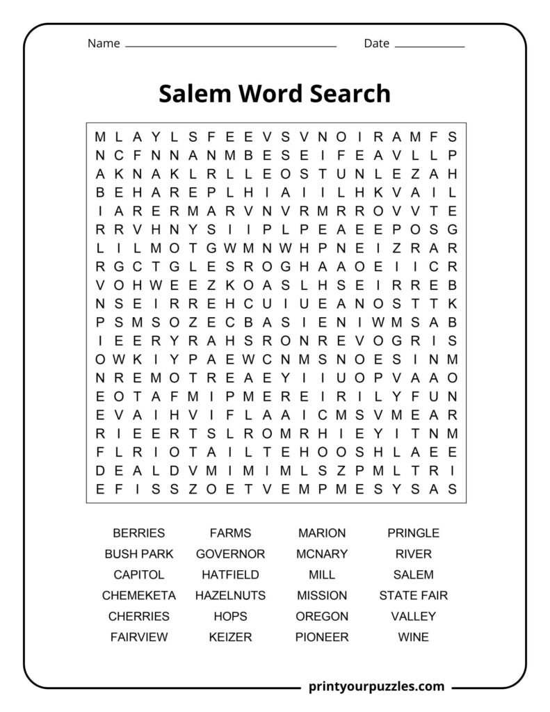 Hard Salem word search puzzle featuring a dense letter grid and 24 Oregon-themed words to find.