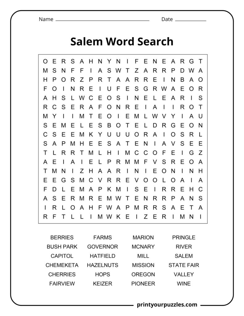 Medium Salem word search puzzle showing a clear grid with 24 words tied to Oregon landmarks and culture.