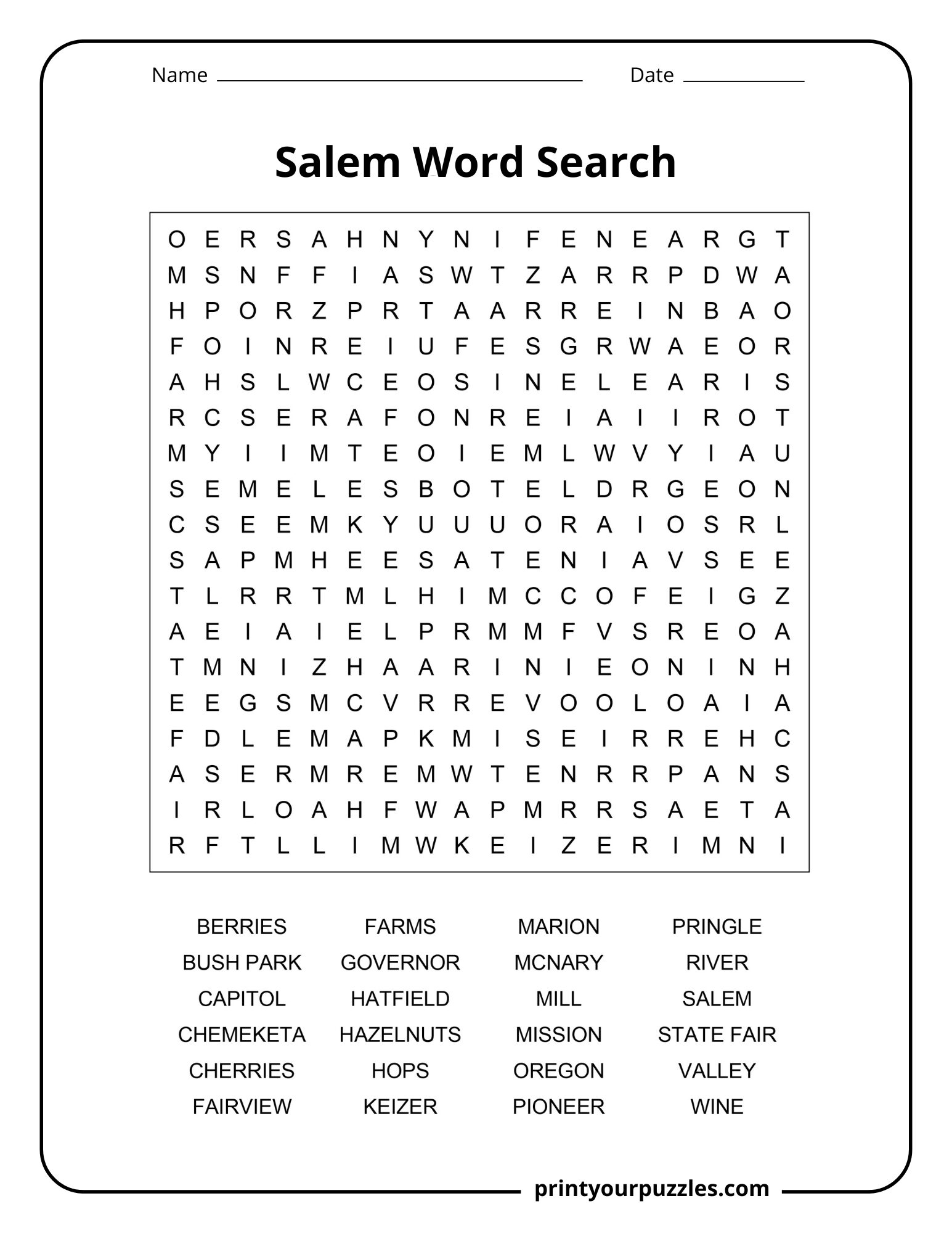 Medium Salem word search puzzle showing a clear grid with 24 words tied to Oregon landmarks and culture.