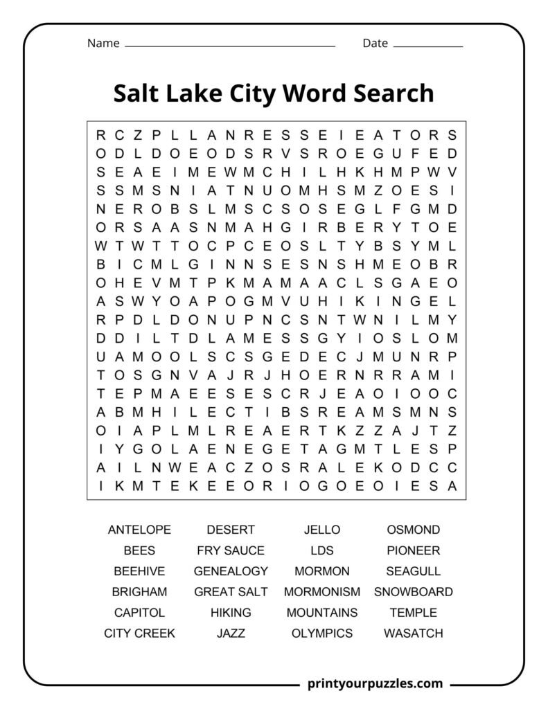 Hard Salt Lake City word search puzzle featuring Utah-themed terms about culture, geography, food, and local history.