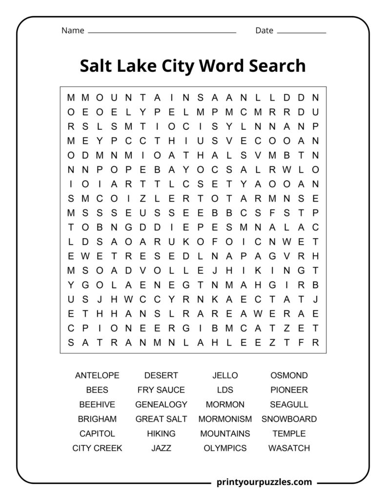 Medium Salt Lake City word search puzzle featuring Utah landmarks, cultural terms, outdoor activities, and local traditions.