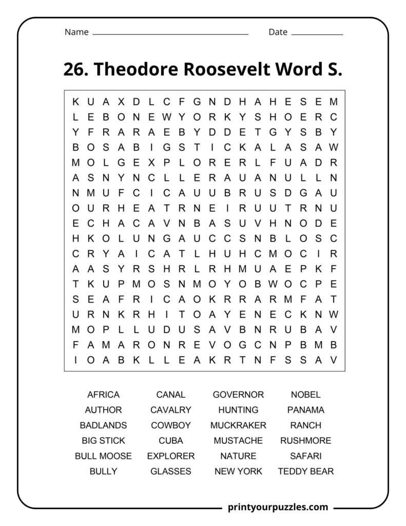 Medium difficulty Theodore Roosevelt word search puzzle with U.S. history and presidency vocabulary.