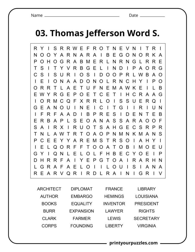Thomas Jefferson word search puzzle with terms like Louisiana, Liberty, Architect, President, and Lewis.