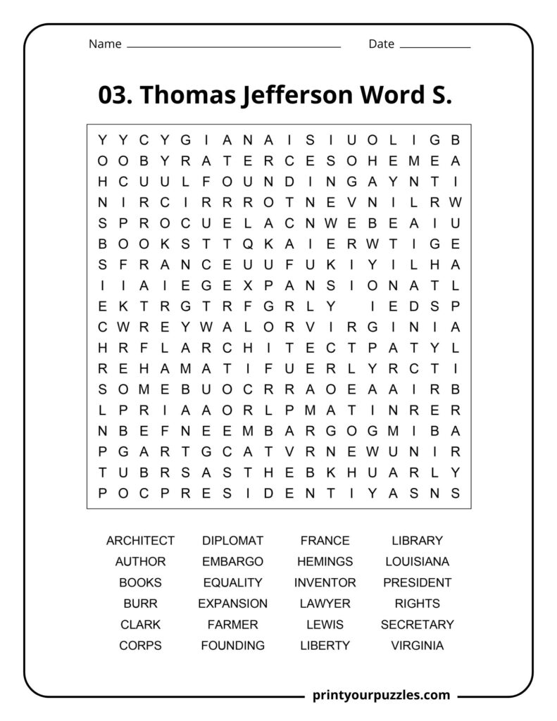 Medium difficulty Thomas Jefferson word search with terms like Virginia, Liberty, Architect, and Louisiana.