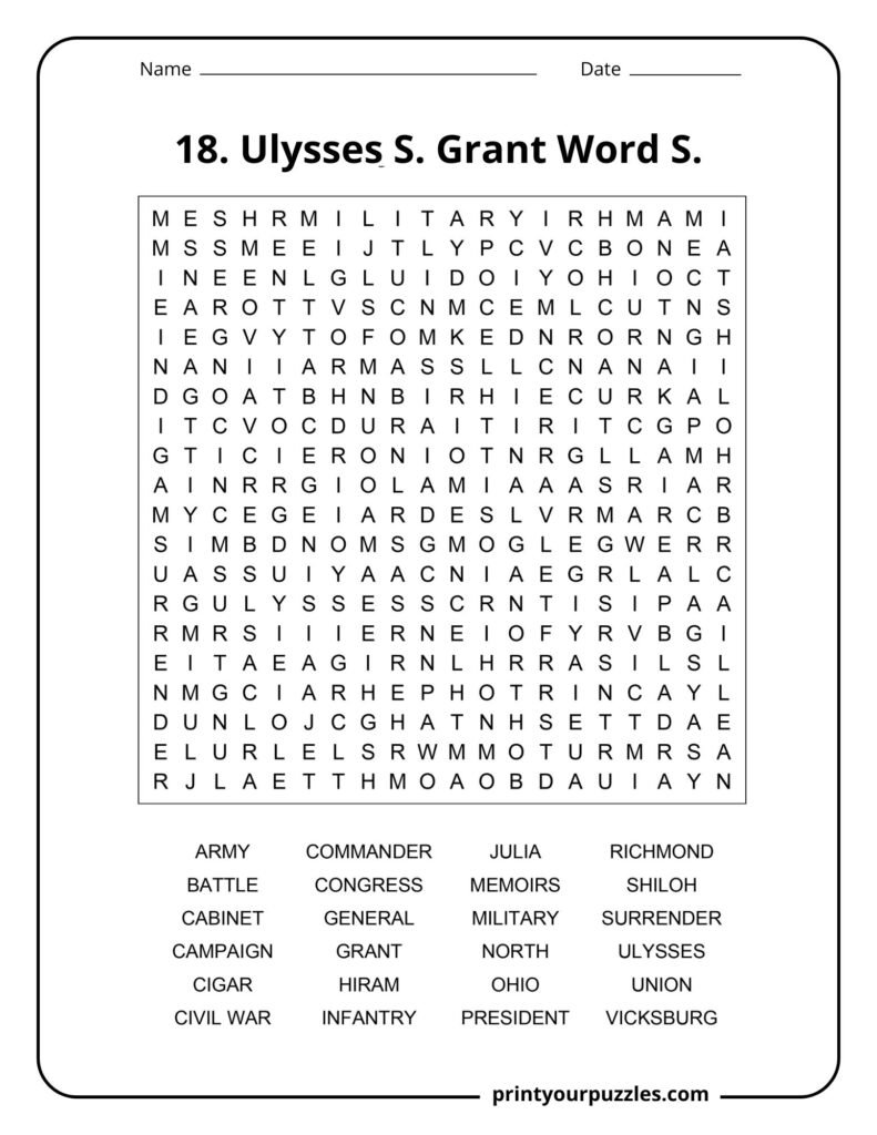 Hard Ulysses S. Grant word search puzzle with a 20x20 grid and Civil War vocabulary.