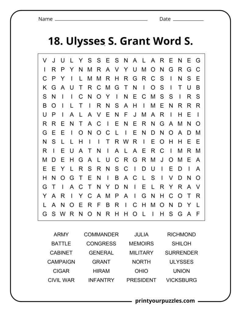 Medium difficulty Ulysses S. Grant word search puzzle with Civil War and leadership vocabulary.