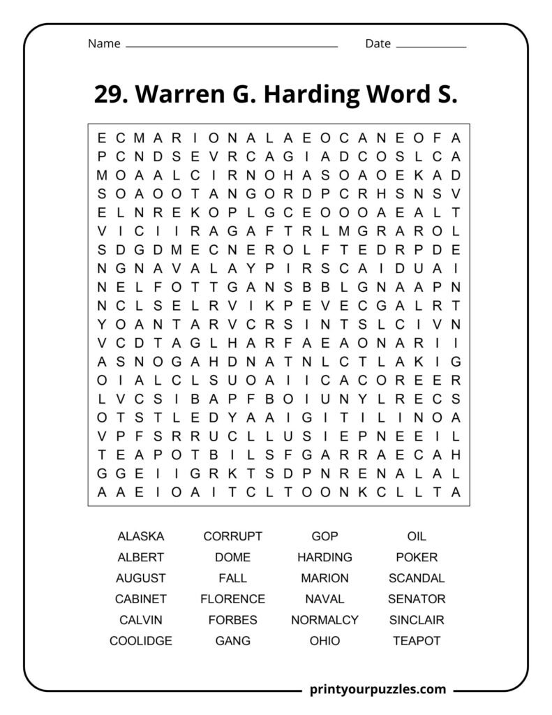 Hard Warren G. Harding word search puzzle with a 20x20 grid and vocabulary about the 29th U.S. president.