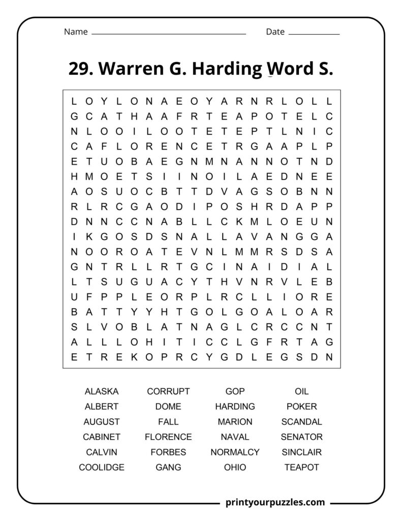 Medium difficulty Warren G. Harding word search puzzle with U.S. history and presidency vocabulary.