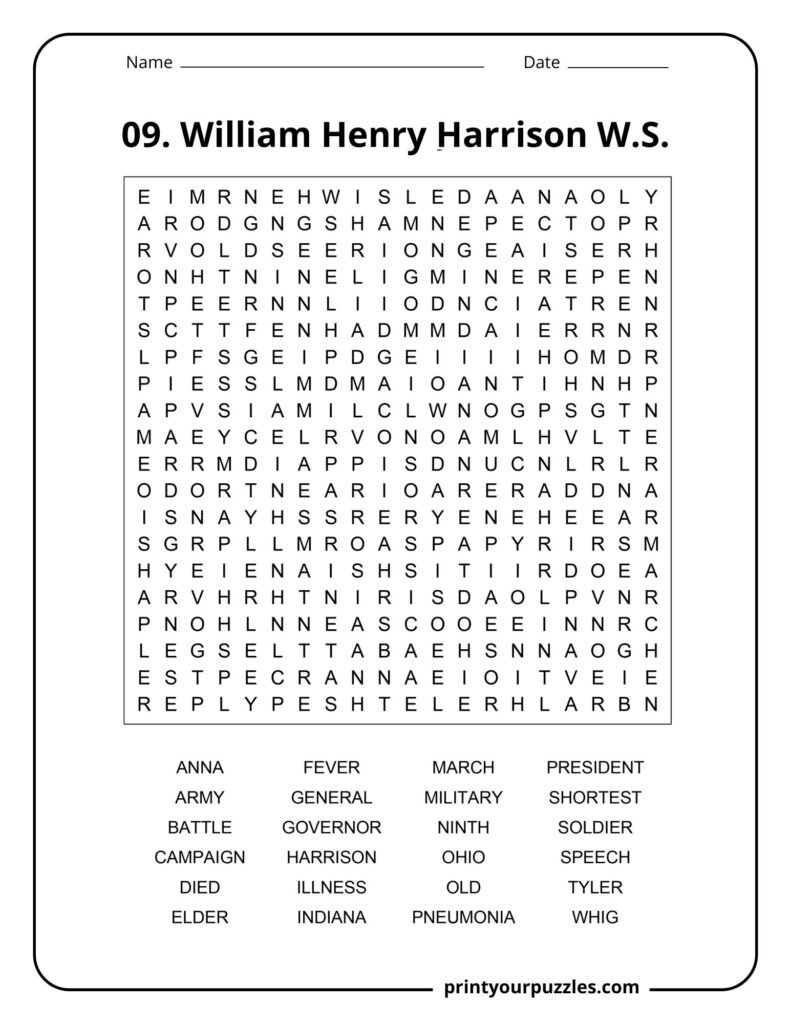 William Henry Harrison Word Search puzzle featuring terms like Ohio, pneumonia, speech, military, and president.