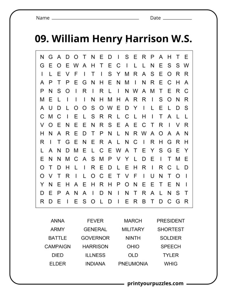 Medium William Henry Harrison Word Search puzzle with historical terms like Ohio, general, soldier, and president.
