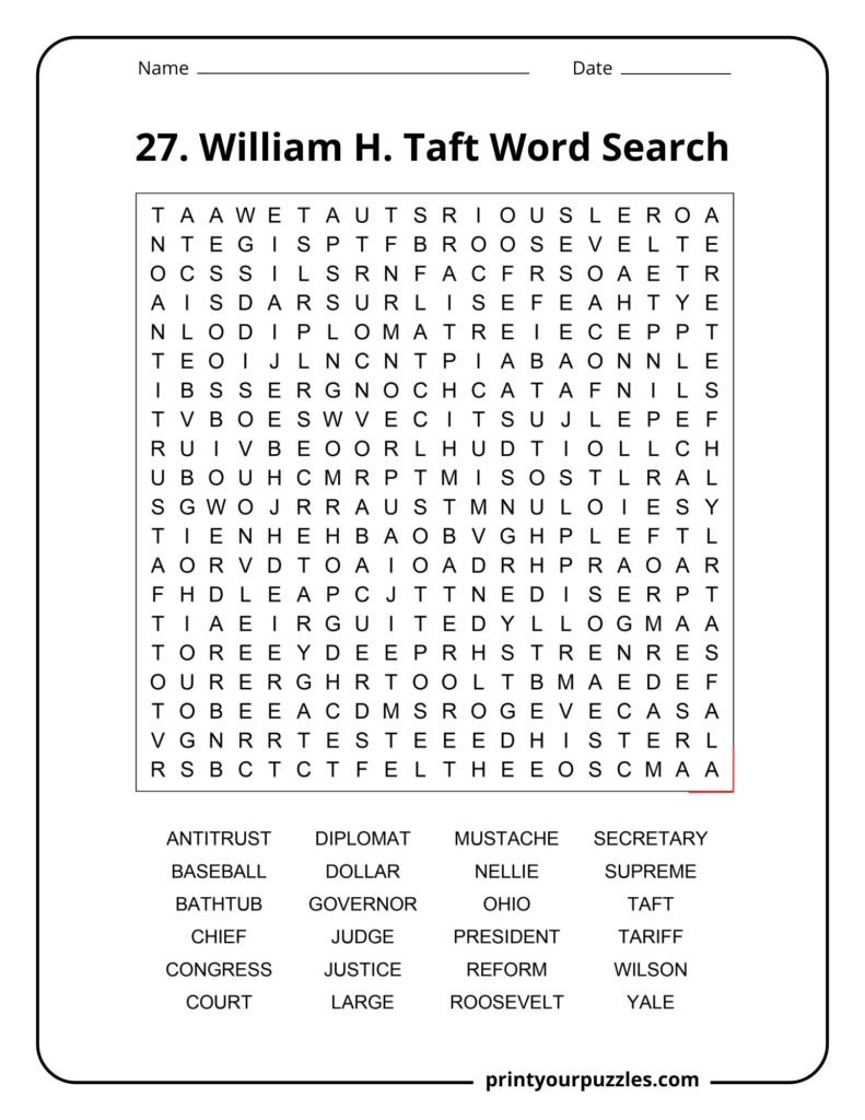 Hard William Howard Taft word search puzzle with a 20x20 grid and vocabulary about the 27th U.S. president.