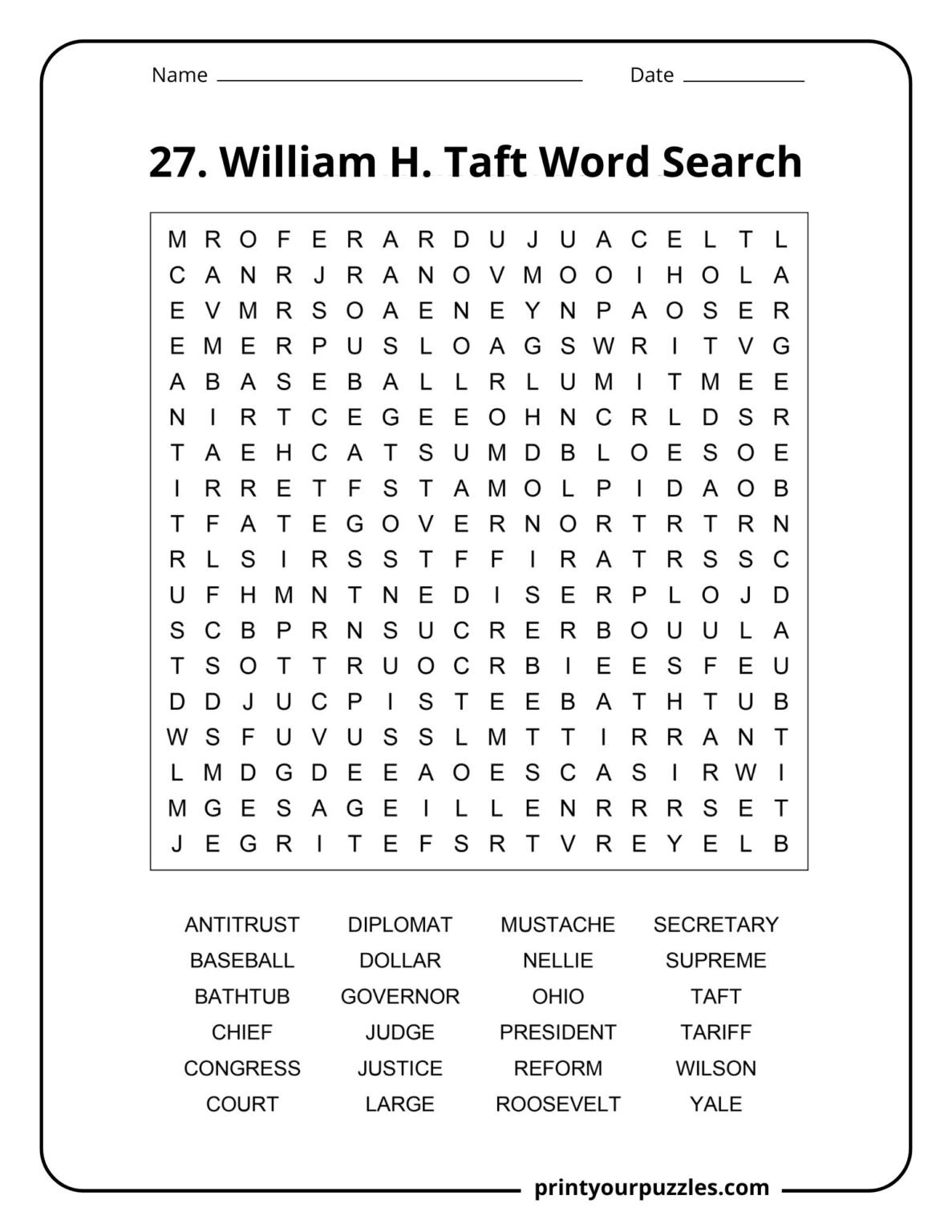 William Howard Taft Word Search | Print Your Puzzles